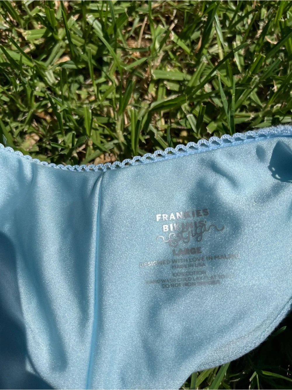 Frankie’s Bikinis Katarina Pointelle Bikini Bottom L Blue Scalloped Trim Cheeky